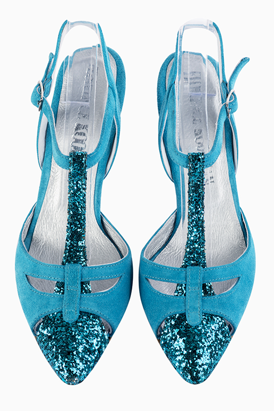 Turquoise blue women's open back T-strap shoes. Tapered toe. High slim heel. Top view - Florence KOOIJMAN